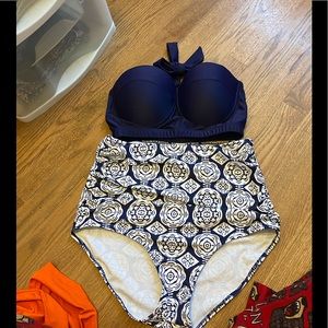 Blue and white bikini woman’s Large high wasted